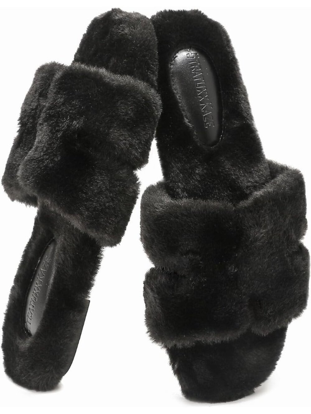 Women's Black Cute Comfy Slides Faux Fur Open Toe Slip On Fuzzy Indoor Slippers